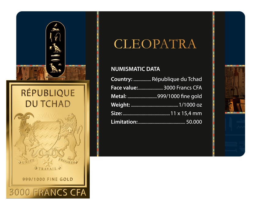 CLEOPATRA -  MONEDA DE ORO FINO - 1/1000 OZ - 3000 FRANCS CFA - TCHAD - COINCARD