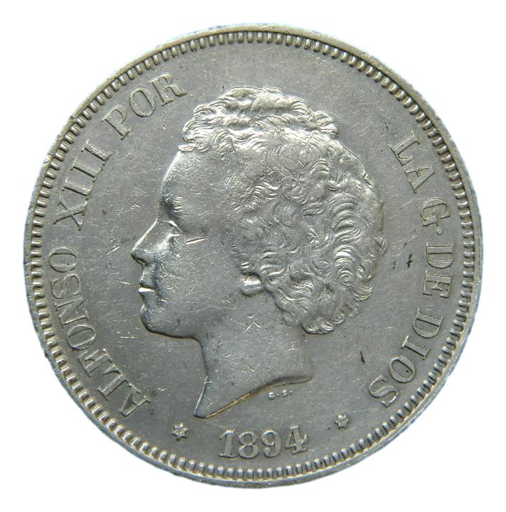 1894 *18-94 - ALFONSO XIII - 5 PESETAS - PGV - MBC+