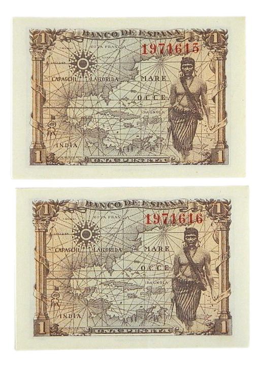 1945 - ESPAÑA - PAREJA BILLETES - 1 PESETA - SIN SERIE - EBC+