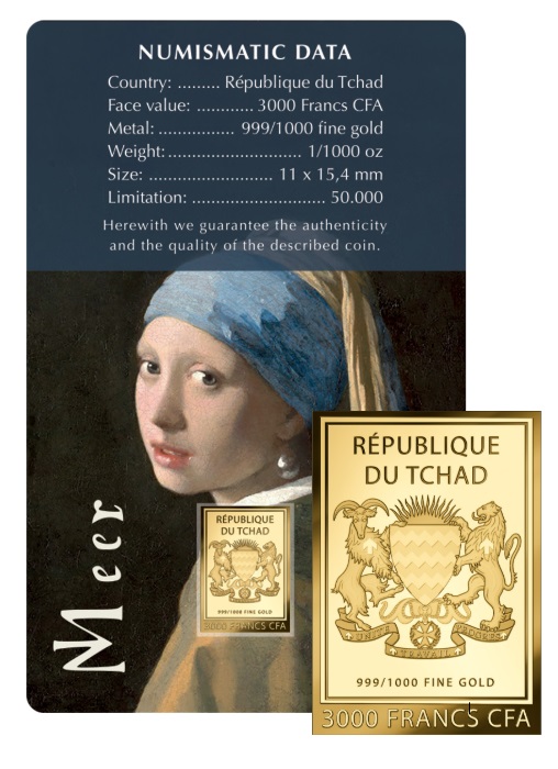 LA JOVEN DE LA PERLA - JAN VERMEER -  MONEDA DE ORO FINO - 1/1000 OZ - 3000 FRANCS CFA - TCHAD - COINCARD