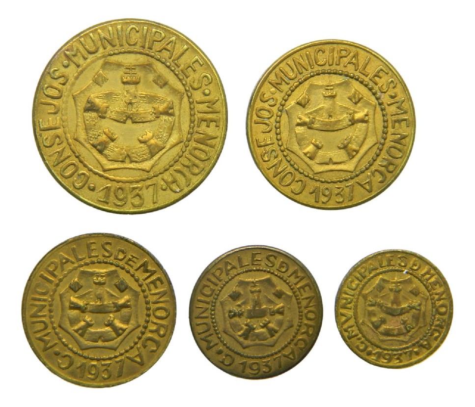 CONSEJO MUNICIPAL DE MENORCA - 1937 - SERIE 5 VALORES - 2,50 Y 1 PESETA, 25,10 Y 5 CENTIMOS