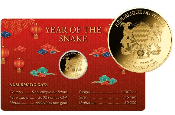 SERPIENTE - MONEDA DE ORO FINO - 1/1000 OZ - 3000 FRANCS CFA - TCHAD - COINCARD