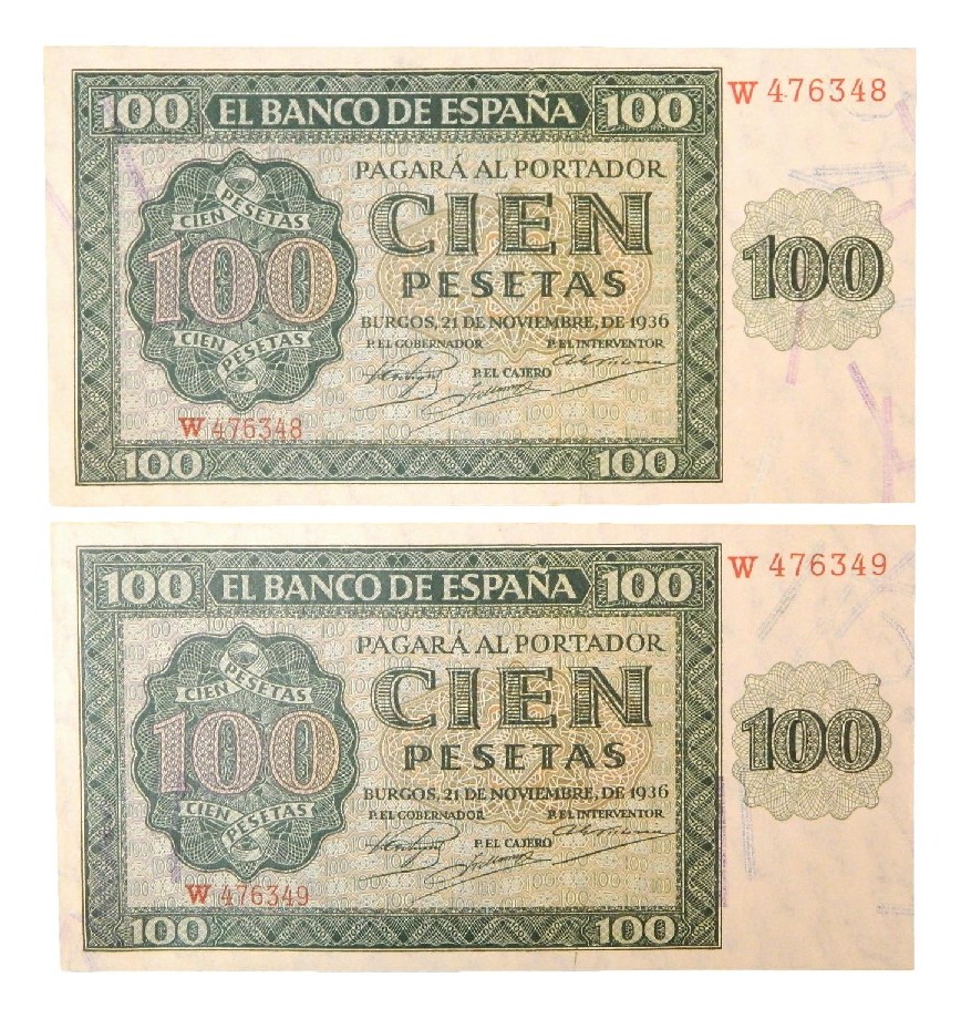 1936 - ESPAÑA - PAREJA BILLETES - 100 PESETAS - BURGOS - SC