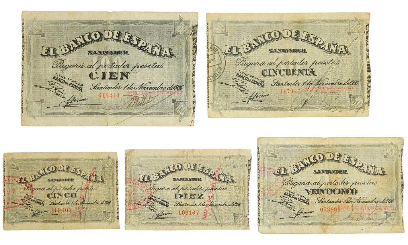 1936 - ESPAÑA - SERIE 5 BILLETES - SANTANDER - BC/MBC