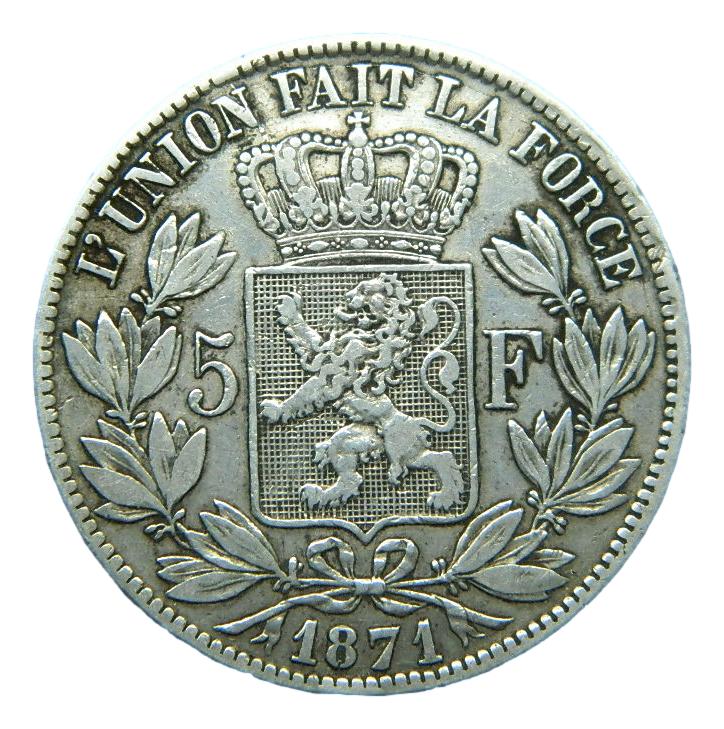 1871 - BELGICA - 5 FRANCS - LEOPOLD II - PLATA