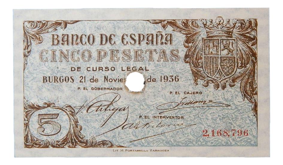 1936 - ESPAÑA - BILLETE - 5 PESETAS - BURGOS - SC - TALADRO