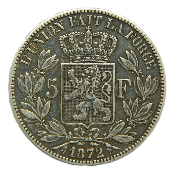 1872 - BELGICA - 5 FRANCS - PLATA - LEOPOLD II