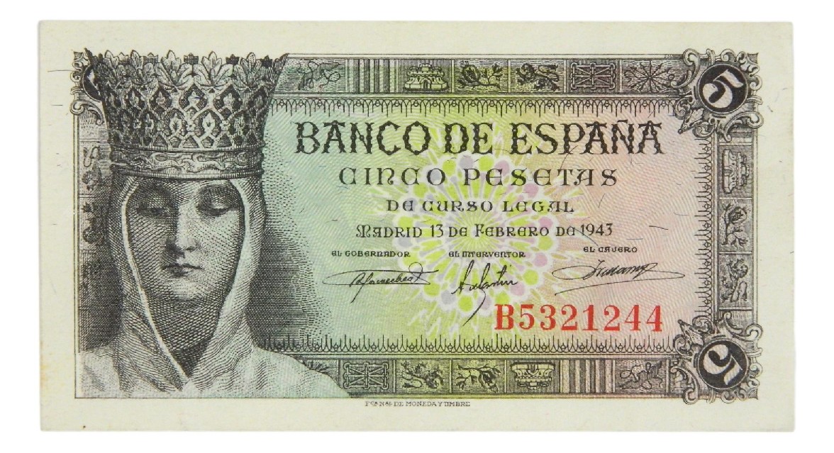 1943 - ESPAÑA - BILLETE - 5 PESETAS - ISABEL LA CATOLICA - MBC
