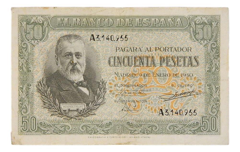 1940 - ESPAÑA - BILLETE - 50 PESETAS - MENENDEZ PELAYO - BC+