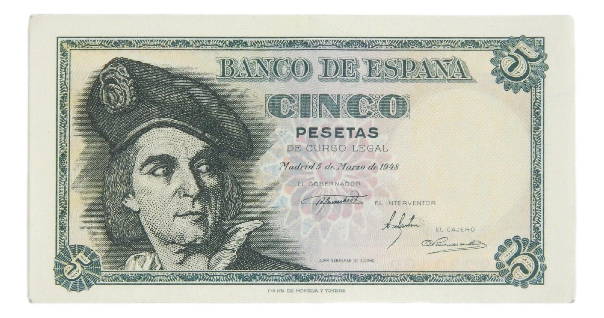 1948 - ESPAÑA - BILLETE - 5 PESETAS - JUAN SEBASTIAN ELCANO - EBC
