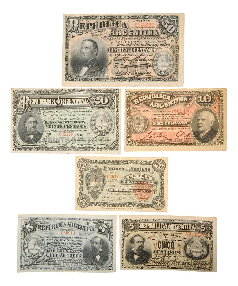 1883-1899 - ARGENTINA - SERIE 6 BILLETES - CENTAVOS - MBC