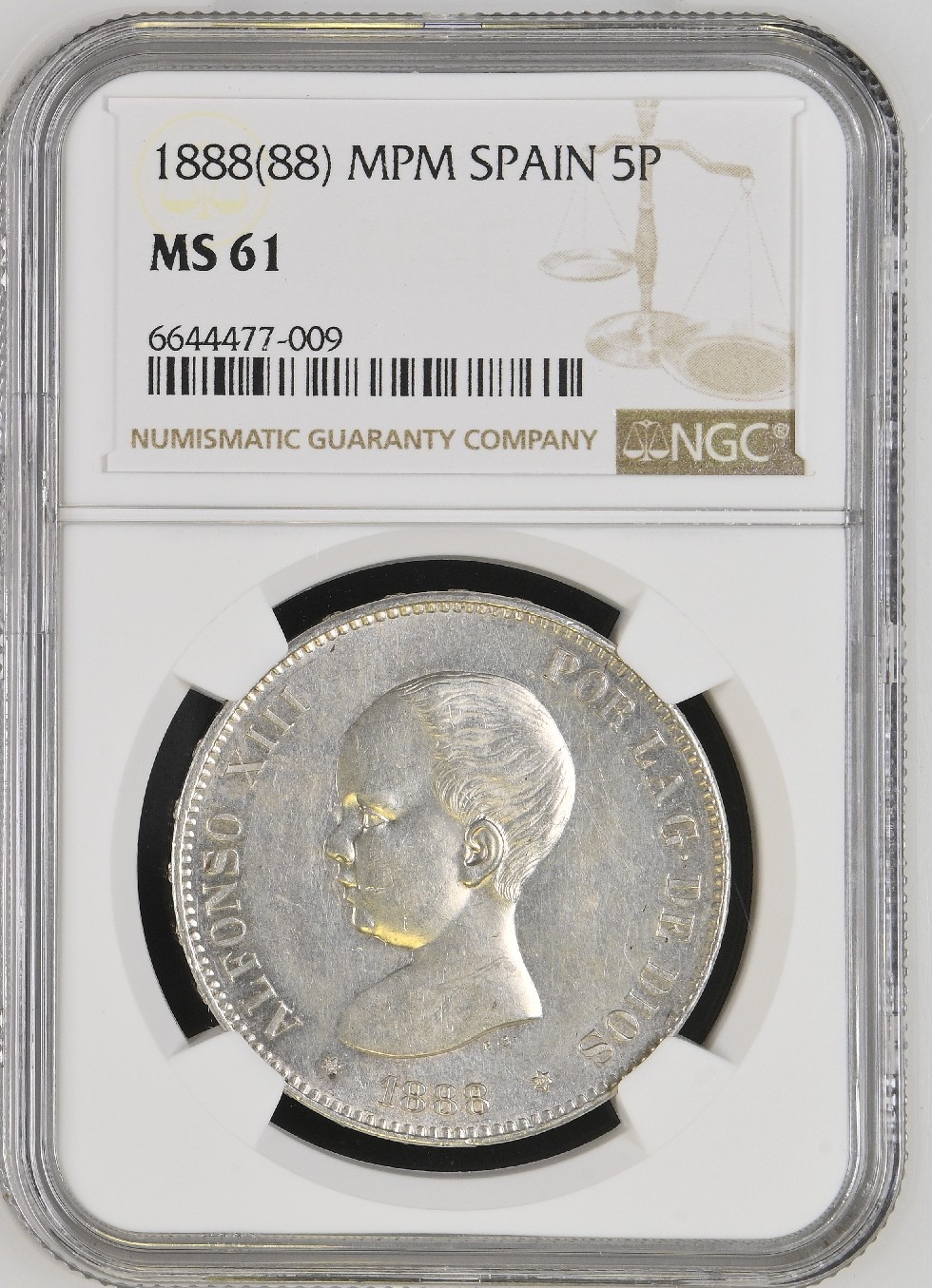 1888 *18-88 - ALFONSO XIII - 5 PESETAS - MPM - PLATA - NGC MS61