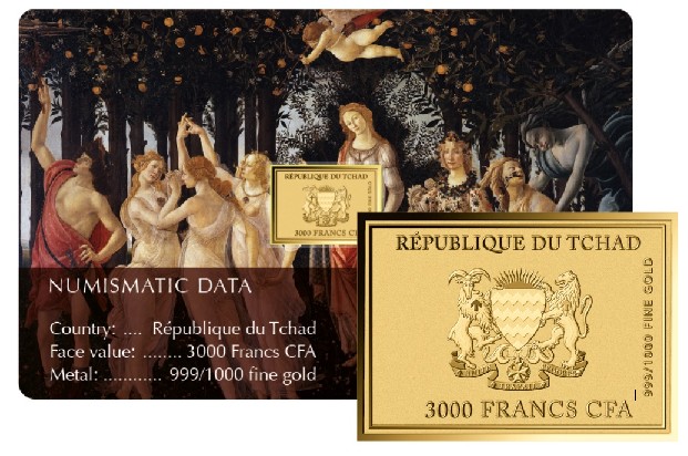 LA PRIMAVERA - BOTTICELLI - MONEDA DE ORO FINO - 1/1000 OZ - 3000 FRANCS CFA - TCHAD - COINCARD