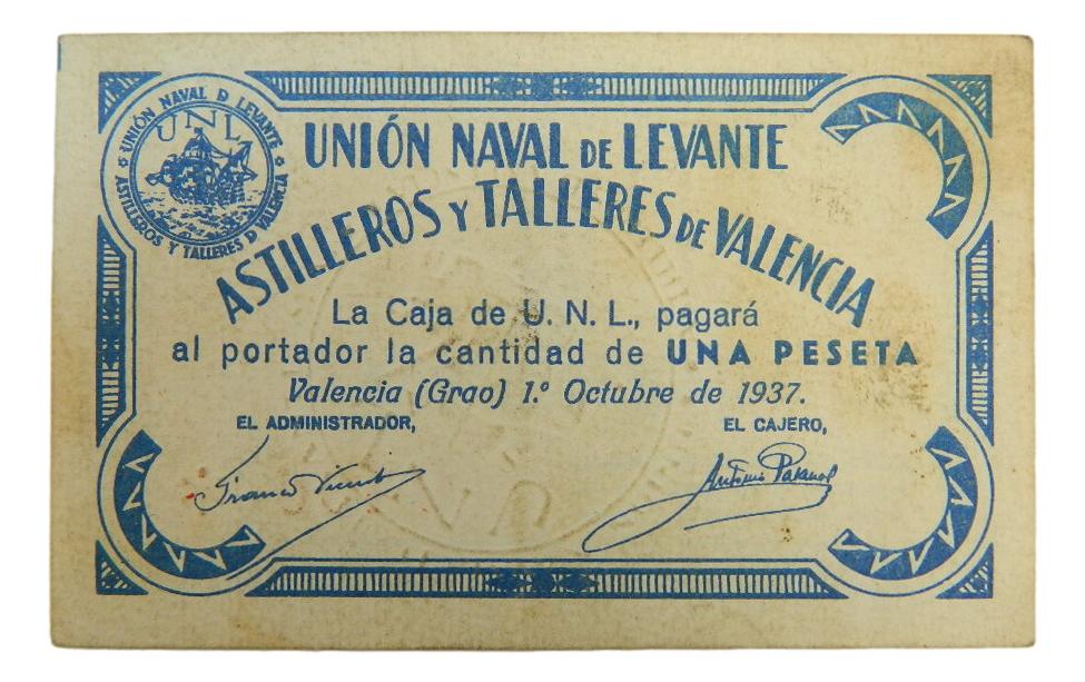 VALENCIA - GRAO - BILLETE - 1 PESETA - 1 OCTUBRE 1937 - UNION NAVAL LEVANTE - EBC