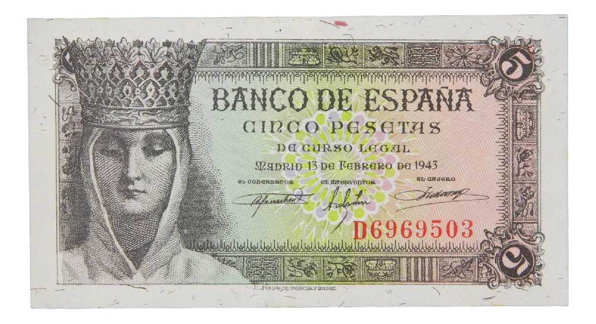 1943 - ESPAÑA - BILLETE - 5 PESETAS - ISABEL LA CATOLICA - SC