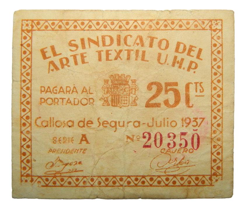 CALLOSA DE SEGURA - BILLETE - 25 CENTIMOS - JULIO 1937 - AGB 407 C