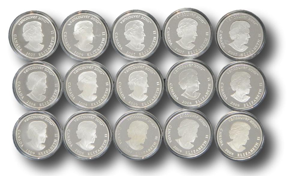 CANADA 15 MONEDAS PLATA OLIMPIADAS VANCOUVER - HOLOGRAMA