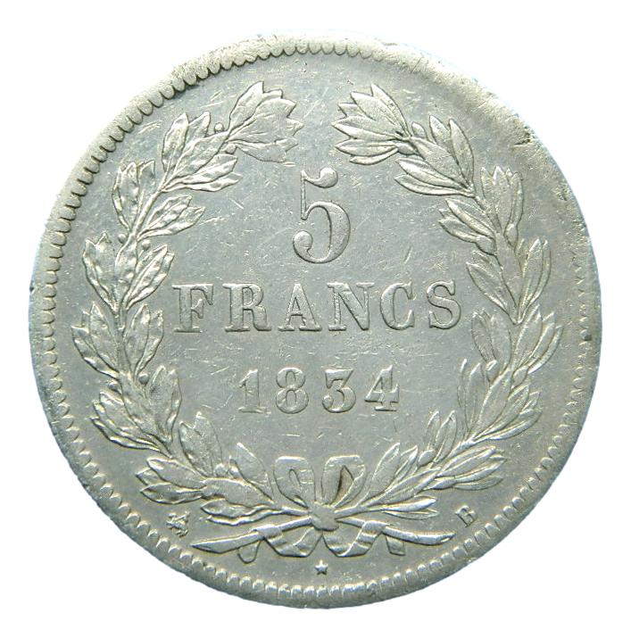 1834 B - FRANCIA - 5 FRANCS - LOUIS PHILIPPE I - PLATA