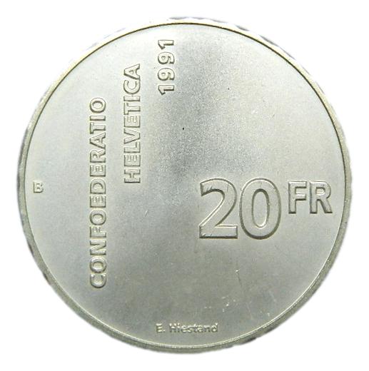 1991 - SUIZA - 20 FRANCS - CONFEDERACION SUIZA - PLATA