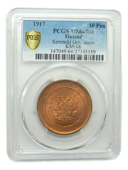 1917 - FINLANDIA - 10 PENNIA - MS64 PCGS