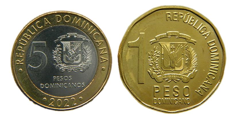 2022 - 2021 - REPUBLICA DOMINICANA - 2 MONEDAS -  5 Y 1 PESOS - BIMETALICA