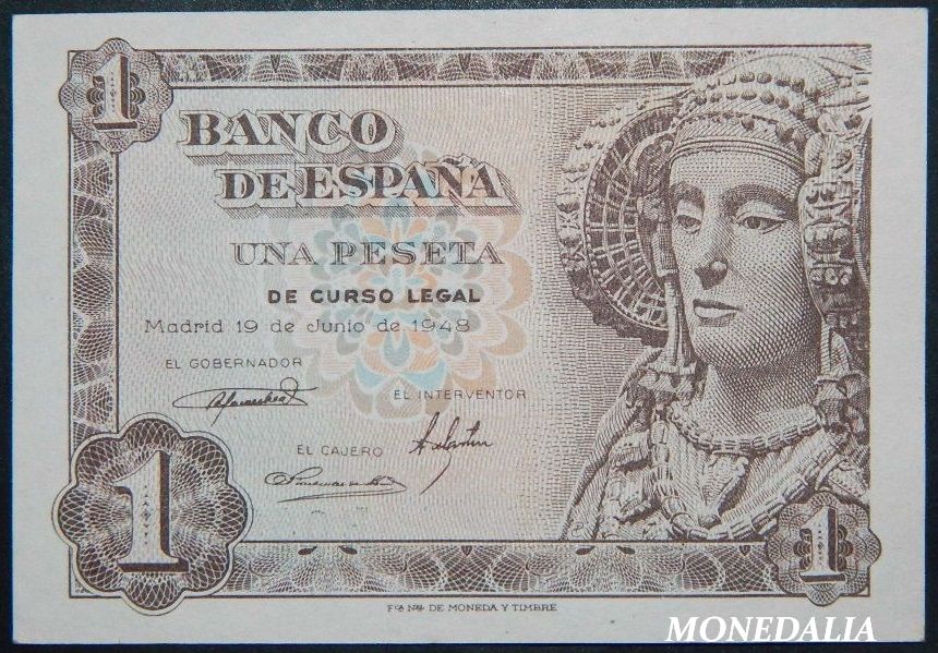 1948 - ESPAÑA - BILLETE - 1 PESETA  - DAMA DE ELCHE - SC