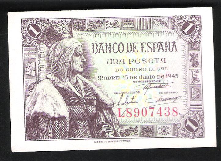 1945 - ESPAÑA - BILLETE - 1 PESETA - ISABEL LA CATOLICA - EBC+