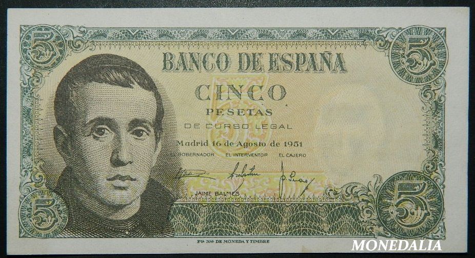 1951 - ESPAÑA - BILLETE - 5 PESETAS - JAIME BALMES - MBC