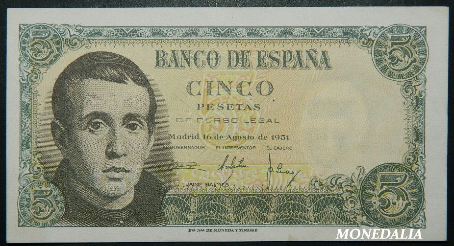 1951 -ESPAÑA - BILLETE - 5 PESETAS - JAIME BALMES - MBC