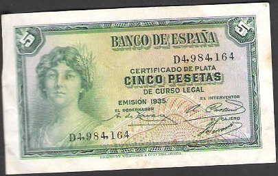 1935 - ESPAÑA - BILLETE - 5  PESETAS - SEGUNDA REPUBLICA
