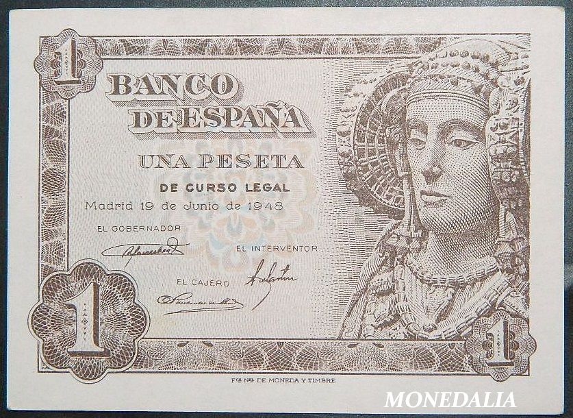 1948 - ESPAÑA - BILLETE - 1 PESETA  - DAMA DE ELCHE - MBC