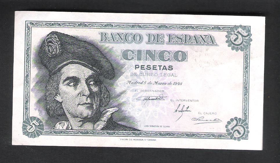1948 - ESPAÑA - BILLETE - 5 PESETAS - JUAN SEBASTIAN ELCANO 