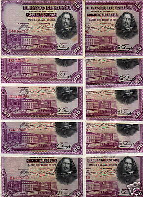 1928 - ESPAÑA - LOTE 10 BILLETES - 50 PESETAS - VELAZQUEZ