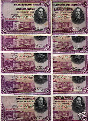 1928 - 50 PESETAS - VELAZQUEZ - LOTE 10 BILLETES