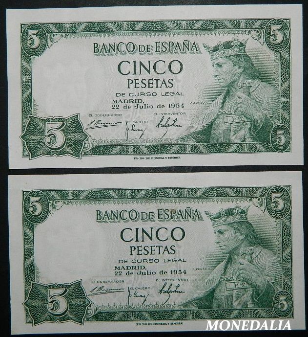 1954 - ESPAÑA - PAREJA BILLETES - 5 PESETAS - ALFONSO X - EBC