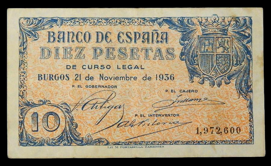 1936 - ESPAÑA - BILLETE - 10 PESETAS - BURGOS - BC+
