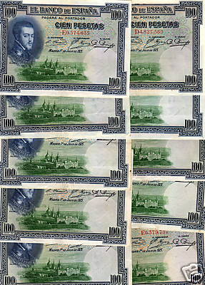 1925 - ESPAÑA - LOTE 10 BILLETES - 100 PESETAS - FELIPE II 