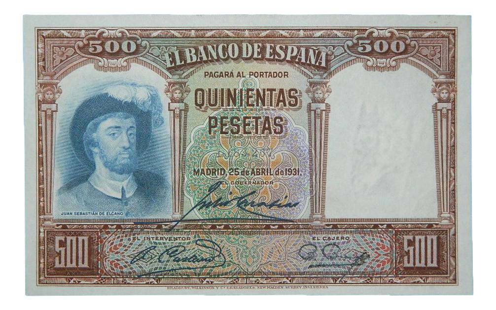 1931 - ESPAÑA - BILLETE - 500 PESETAS - JUAN SEBASTIAN ELCANO - EBC