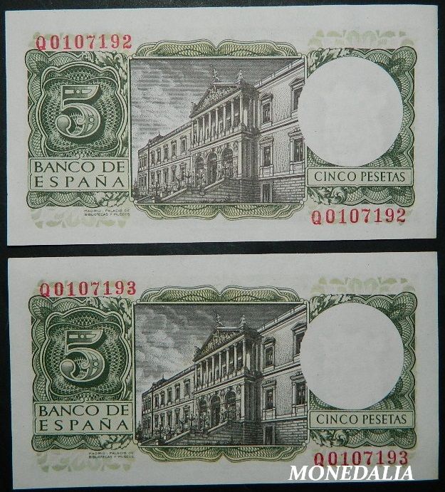 1954 - ESPAÑA - PAREJA BILLETES - 5 PESETAS - ALFONSO X - EBC
