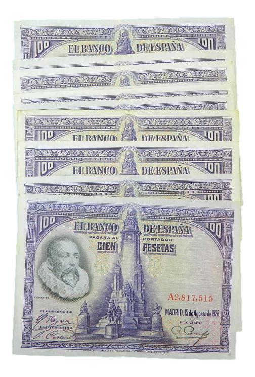 1928 - ESPAÑA -  LOTE 10 BILLETES - 100 PESETAS - CERVANTES - MBC
