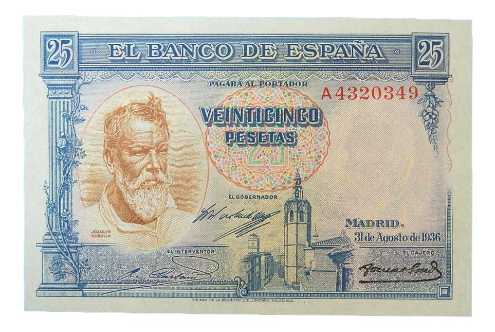 1936 - ESPAÑA -  BILLETE - 25 PESETAS - JOAQUIN  SOROLLA - SC
