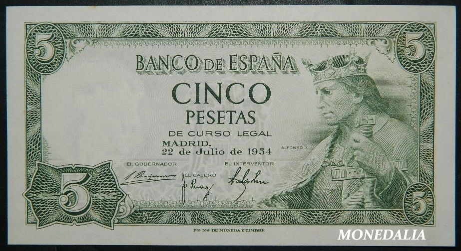 1954 - ESPAÑA  - BILLETE - 5 PESETAS - ALFONSO X - MBC