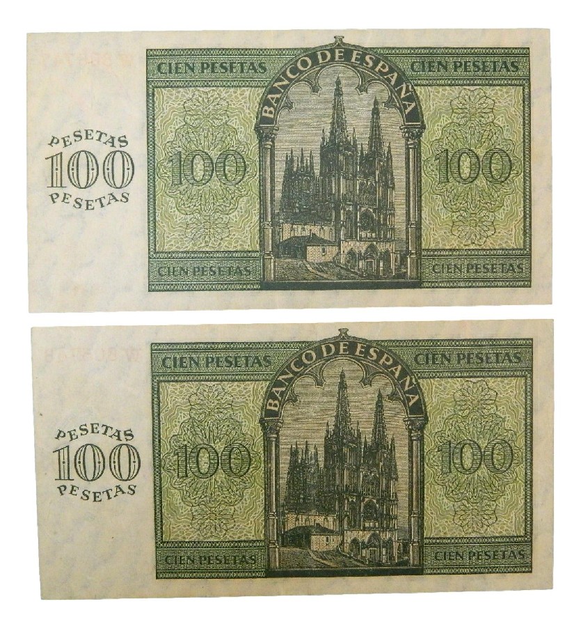 1936 - ESPAÑA - PAREJA BILLETES - 100 PESETAS - BURGOS - MBC+