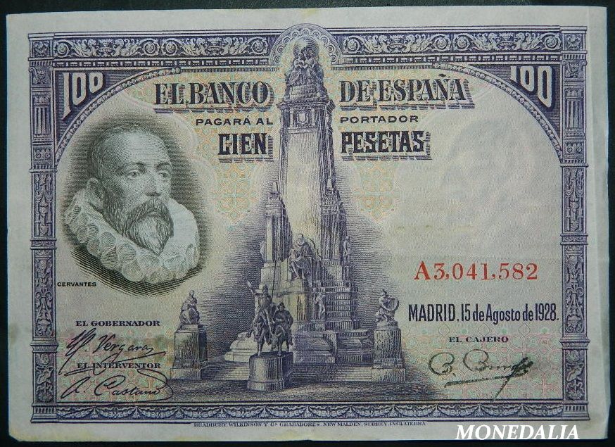 1928 - ESPAÑA - BILLETE - 100 PESETAS - CERVANTES - BC