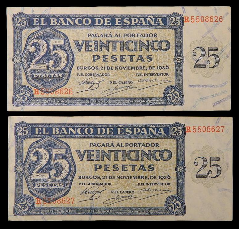 1936 - ESPAÑA - PAREJA BILLETES - 25 PESETAS - EBC