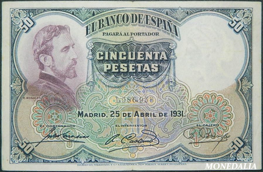 1931 - ESPAÑA - BILLETE -  50 PESETAS - E. ROSALES - MBC