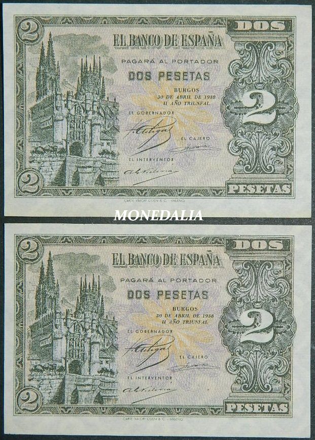 1938 - ESPAÑA - PAREJA BILLETES - 2 PESETAS - BURGOS - EBC +