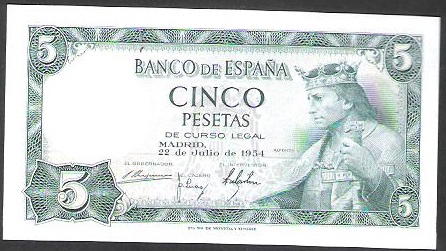 1954 - ESPAÑA - BILLETE -  5 PESETAS - ALFONSO X - SC