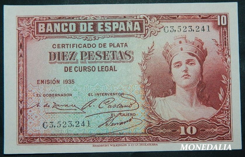 1935 - ESPAÑA - BILLETE - 10 PESETAS - BC