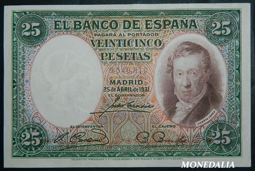 1931 - ESPAÑA - BILLETE - 25 PESETAS - VICENTE LOPEZ - MBC+